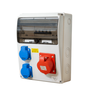 Csatlakodódoboz 11 kW-os hordozható töltőberendezéshez 1 db 16 Amperes 3 fázisú 5 pólusú aljzattal + 2 db 1 fázisú aljzattal komplett védelemmel (kismegszakítókal, A típusú áram-védőkapcsolóval és T2-T3 túlfeszültség levezetővel)