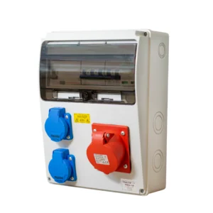 Csatlakodódoboz 22 kW-os hordozható töltőberendezéshez 1 db 32 Amperes 3 fázisú 5 pólusú aljzattal + 2 db 1 fázisú aljzattal komplett védelemmel (kismegszakítókal, A típusú áram-védőkapcsolóval és T2-T3 túlfeszültség levezetővel)